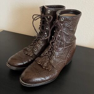 Vintage Justin Bullhide Brown Lacer Boots Lace Up Roper Kiltie Women's 7.5 D